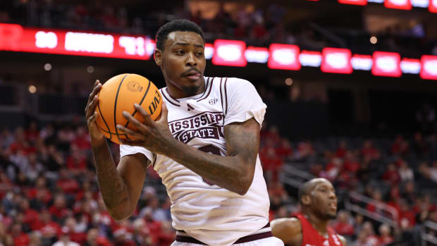 Mississippi State Bulldogs forward D.J. Jeffries (0) rebounds during the first half against the Rutgers Scarlet Knights at Prudential Center.